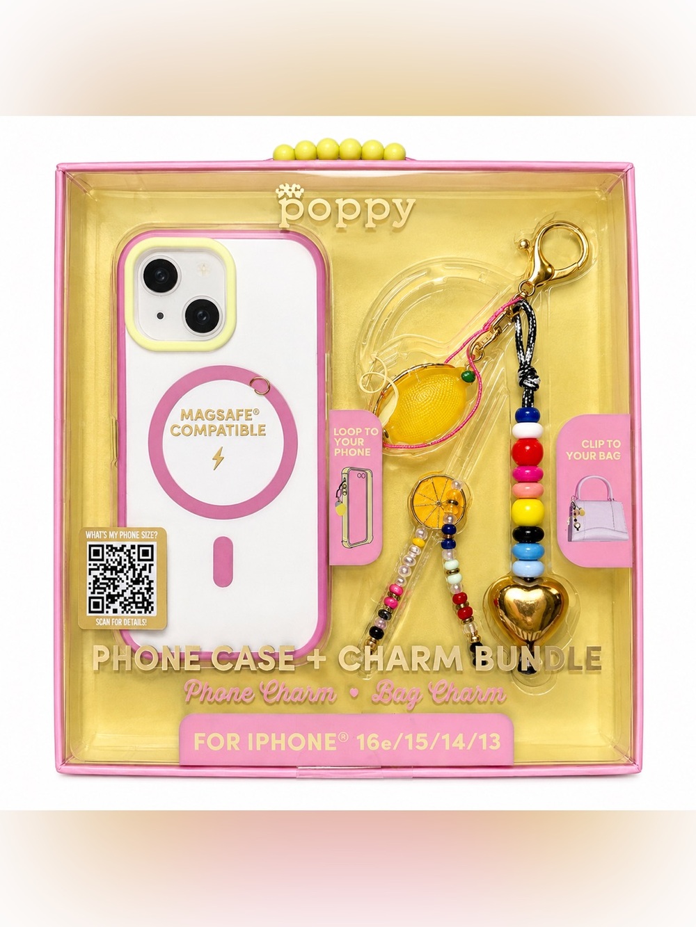 XO Poppy Pink MagSafe Compatible Phone Case with Charm Bundle 16e/15/14/13